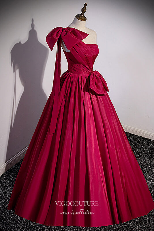 Burgundy One Shoulder Formal Dress A-Line Bow-Tie Prom Dresses 21667 vigocouture Burgundy One Shoulder Formal Dress A-Line Bow-Tie Prom Dresses 21667 vigocouture