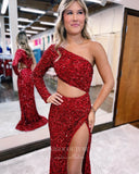 Prom Dress 2025 Burgundy One Shoulder Sequin Prom Dresses With Slit Mermaid Evening Dress 21794-unique elegant Prom Dresses-Burgundy-US2-vigocouture