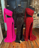 Prom Dress 2025 Burgundy One Shoulder Sequin Prom Dresses With Slit Mermaid Evening Dress 21794-unique elegant Prom Dresses-Burgundy-US2-vigocouture