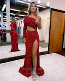 Burgundy One Shoulder Sequin Prom Dresses With Slit Mermaid Evening Dress 21794