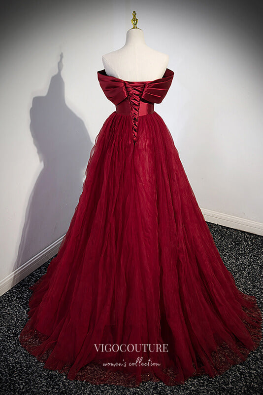 Prom Dress 2025 Burgundy Pleated Tulle Prom Dress with Bow-Tie Bodice 22320-unique elegant Prom Dresses-Burgundy-Custom Size-vigocouture