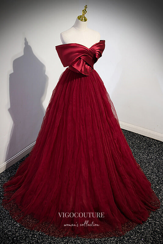 Prom Dress 2025 Burgundy Pleated Tulle Prom Dress with Bow-Tie Bodice 22320-unique elegant Prom Dresses-Burgundy-Custom Size-vigocouture