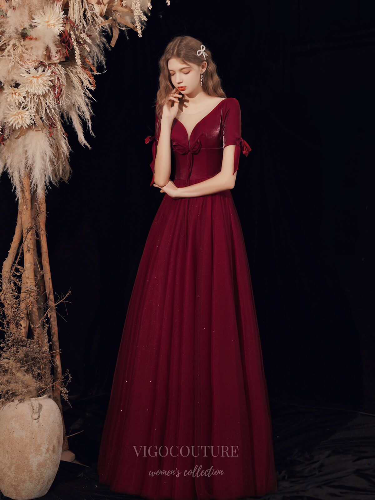 Prom Dress 2025 Burgundy Plunging V-Neck Prom Dress 20726-unique elegant Prom Dresses-Burgundy-US2-vigocouture