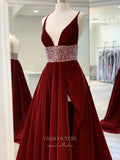 Prom Dress 2025 Burgundy Plunging V-Neck Prom Dresses With Slit Velvet Evening Dress 21704-unique elegant Prom Dresses-Burgundy-US2-vigocouture