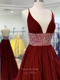 Prom Dress 2025 Burgundy Plunging V-Neck Prom Dresses With Slit Velvet Evening Dress 21704-unique elegant Prom Dresses-Burgundy-US2-vigocouture