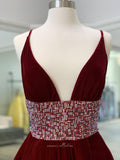 Prom Dress 2025 Burgundy Plunging V-Neck Prom Dresses With Slit Velvet Evening Dress 21704-unique elegant Prom Dresses-Burgundy-US2-vigocouture