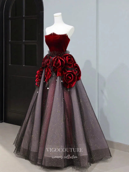 Burgundy Rosette Prom Dresses 2025 Strapless Sparkly Tulle Ball Gown 2 – vigocouture