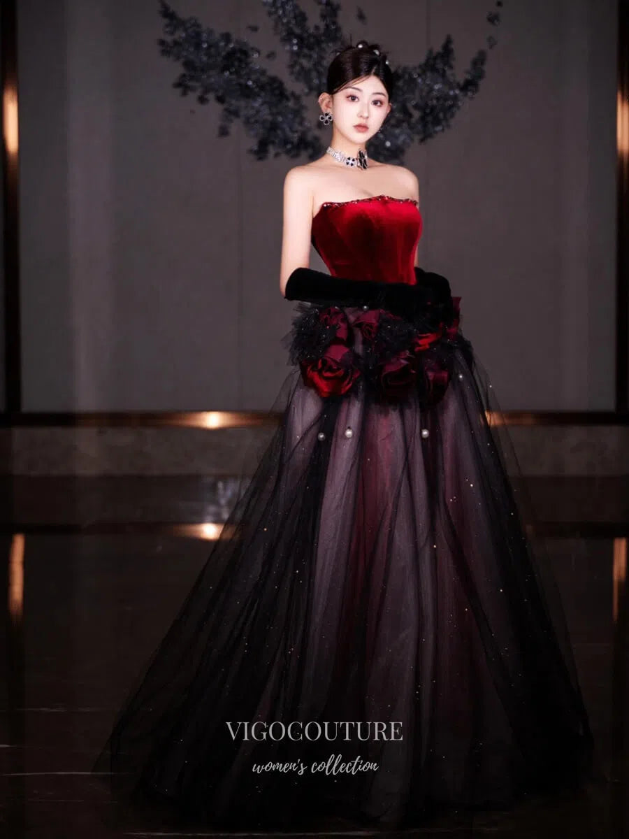 Prom Dress 2025 Burgundy Rosette Prom Dresses 2025 Strapless Sparkly Tulle Ball Gown 25057-unique elegant Prom Dresses-Burgundy-Custom Size-vigocouture