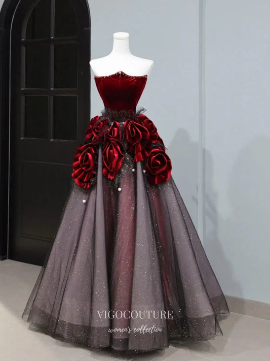 Prom Dress 2025 Burgundy Rosette Prom Dresses 2025 Strapless Sparkly Tulle Ball Gown 25057-unique elegant Prom Dresses-Burgundy-Custom Size-vigocouture