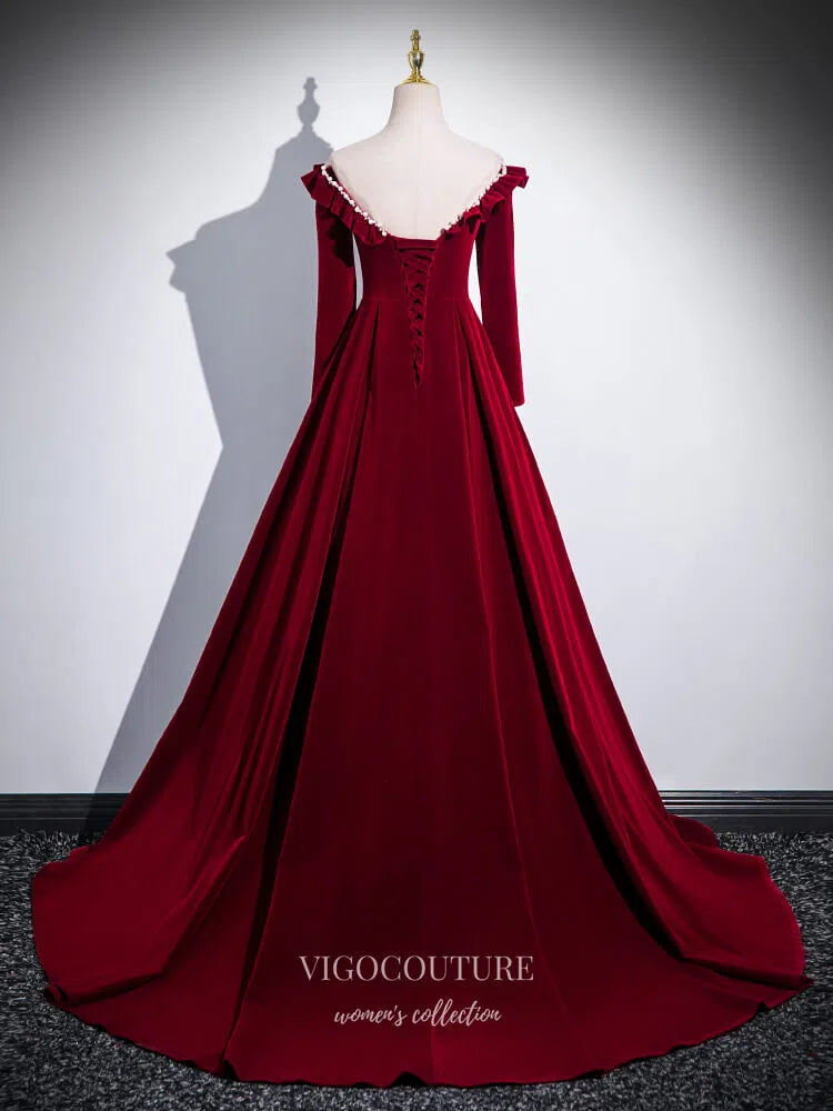 Prom Dress 2025 Burgundy Ruffle Long Sleeve Prom Dresses 2025 Velvet Off the Shoulder Formal Gown 25070-unique elegant Prom Dresses-Burgundy-Custom Size-vigocouture