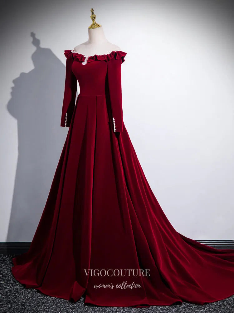 Prom Dress 2025 Burgundy Ruffle Long Sleeve Prom Dresses 2025 Velvet Off the Shoulder Formal Gown 25070-unique elegant Prom Dresses-Burgundy-Custom Size-vigocouture