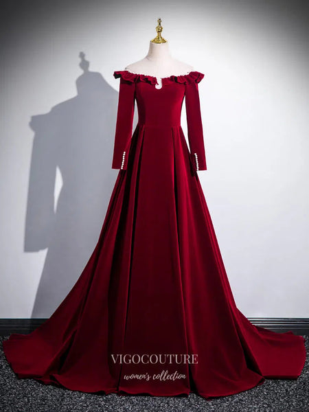 Burgundy Ruffle Long Sleeve Prom Dresses 2025 Velvet Off the Shoulder Formal Gown 25070 Burgundy / US6 Burgundy Ruffle Long Sleeve Prom Dresses 2025 Velvet Off the Shoulder Formal Gown 25070 Burgundy / US6
