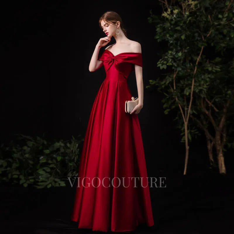 Burgundy Satin Bow Prom Dress 20158 – vigocouture