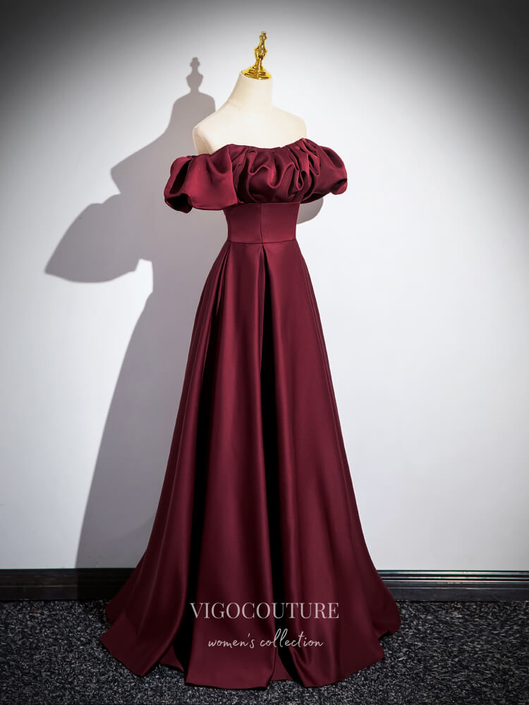 Prom Dress 2025 Burgundy Satin Prom Dresses Off the Shoulder Formal Gown 24411-unique elegant Prom Dresses-Burgundy-Custom Size-vigocouture