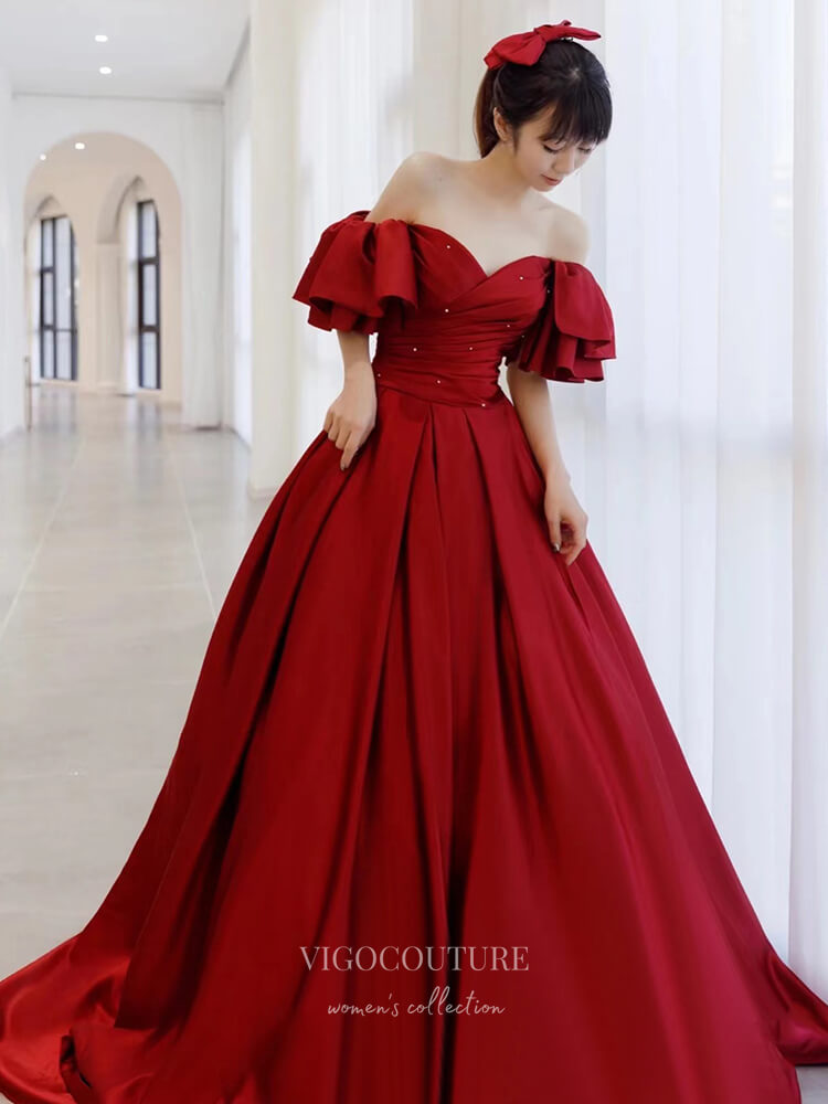 Burgundy Satin Prom Dresses Puffed Sleeve Evening Dress 21827 Burgundy Satin Prom Dresses Puffed Sleeve Evening Dress 21827