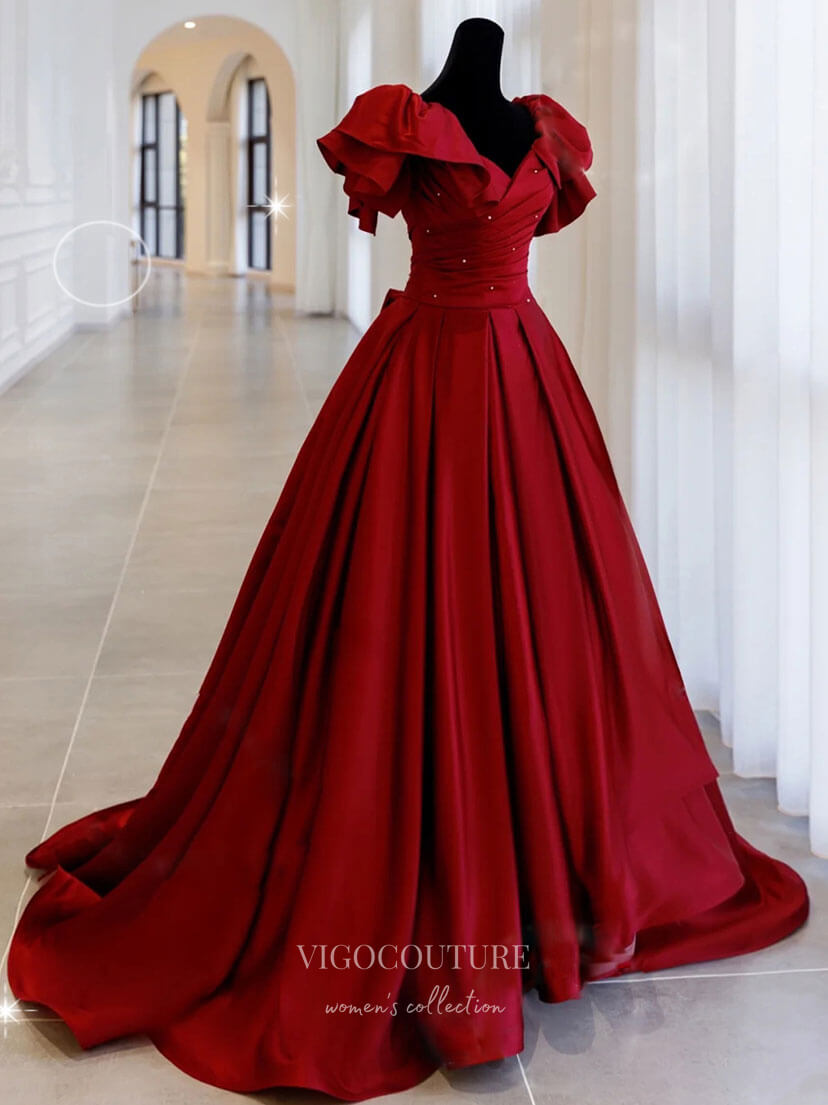 Prom Dress 2025 Burgundy Satin Prom Dresses Puffed Sleeve Evening Dress 21827-unique elegant Prom Dresses-Burgundy-US2-vigocouture