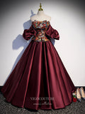 Burgundy Satin Prom Dresses Removable Sleeve Formal Dresses 21436