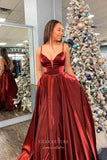 Burgundy Satin Prom Dresses Spaghetti Strap Formal Gown 21935