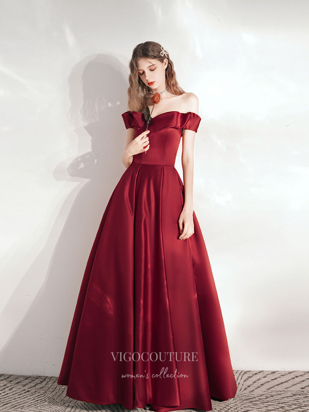 Prom Dress 2025 Burgundy Satin Prom Dresses With Pockets Off the Shoulder Evening Dress 21861-unique elegant Prom Dresses-Burgundy-US2-vigocouture