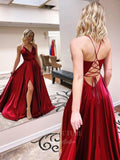 Prom Dress 2025 Burgundy Satin Prom Dresses with Slit Spaghetti Strap Formal Dress 20379-unique elegant Prom Dresses-Burgundy-US2-vigocouture