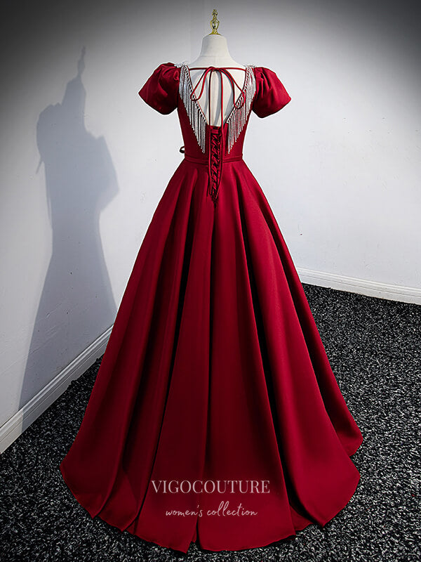 Prom Dress 2025 Burgundy Satin Puffed Sleeve Prom Dress Beaded String Formal Dresses 21336-unique elegant Prom Dresses-Burgundy-US2-vigocouture