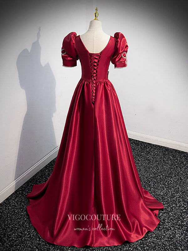 Prom Dress 2025 Burgundy Satin Puffed Sleeve Prom Dress Bow-Tie Formal Dresses 21331-unique elegant Prom Dresses-Burgundy-US2-vigocouture