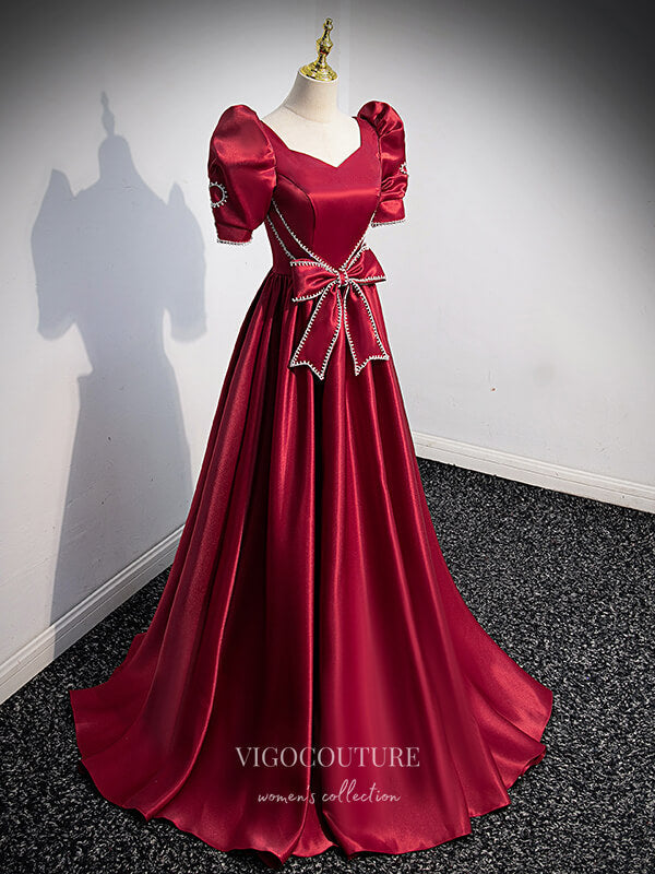 Prom Dress 2025 Burgundy Satin Puffed Sleeve Prom Dress Bow-Tie Formal Dresses 21331-unique elegant Prom Dresses-Burgundy-US2-vigocouture