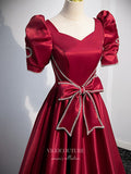 Prom Dress 2025 Burgundy Satin Puffed Sleeve Prom Dress Bow-Tie Formal Dresses 21331-unique elegant Prom Dresses-Burgundy-US2-vigocouture