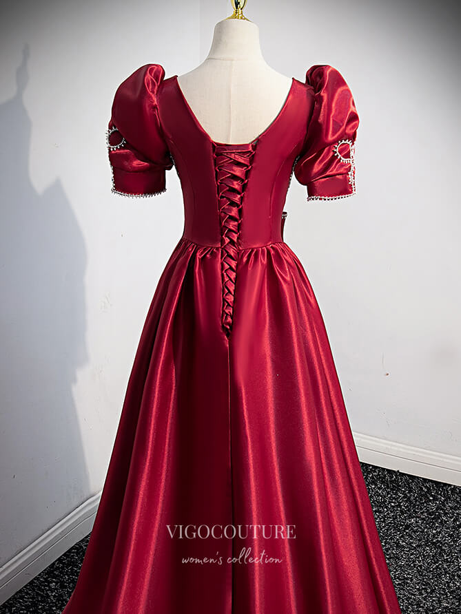 Prom Dress 2025 Burgundy Satin Puffed Sleeve Prom Dress Bow-Tie Formal Dresses 21331-unique elegant Prom Dresses-Burgundy-US2-vigocouture