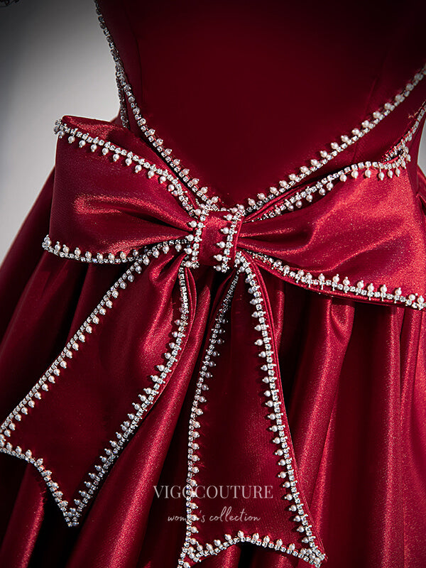 Prom Dress 2025 Burgundy Satin Puffed Sleeve Prom Dress Bow-Tie Formal Dresses 21331-unique elegant Prom Dresses-Burgundy-US2-vigocouture