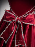 Prom Dress 2025 Burgundy Satin Puffed Sleeve Prom Dress Bow-Tie Formal Dresses 21331-unique elegant Prom Dresses-Burgundy-US2-vigocouture