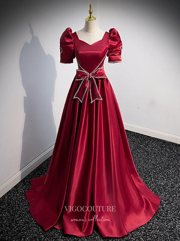 Prom Dress 2025 Burgundy Satin Puffed Sleeve Prom Dress Bow-Tie Formal Dresses 21331-unique elegant Prom Dresses-Burgundy-US2-vigocouture