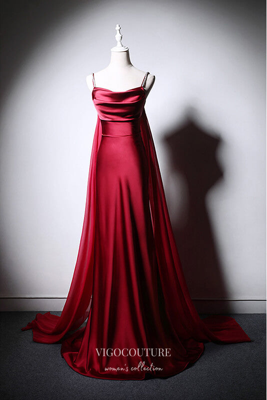 Burgundy Satin Sheath Prom Dress with Cape Sleeve 22371 – vigocouture