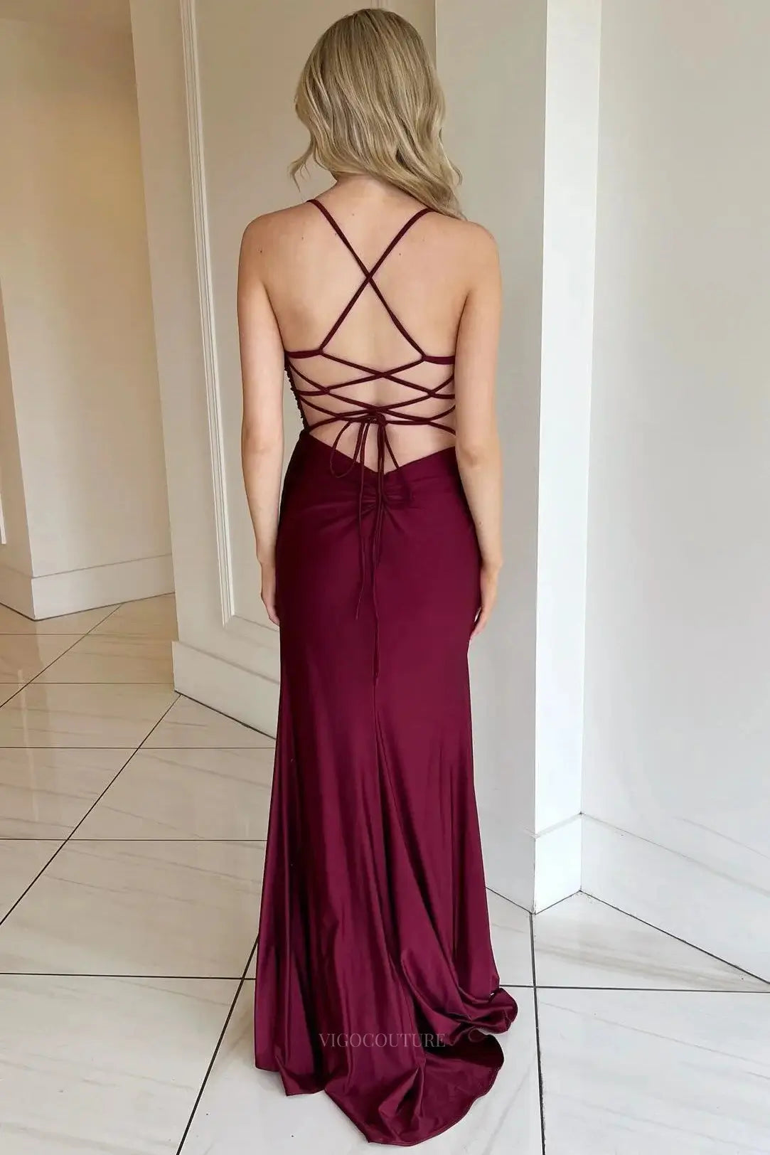 Prom Dresses 2025 to impress Burgundy Satin Sheath Prom Dresses with Spaghetti Strap & Slit – 25122-vigocouture-vigocouture