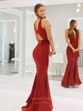 Prom Dress 2025 Burgundy Sequin Lace Mermaid Prom Dresses Plunging V-Neck Belt 24094-unique elegant Prom Dresses-Burgundy-Custom Size-vigocouture