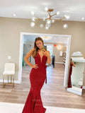 Prom Dress 2025 Burgundy Sequin Lace Mermaid Prom Dresses Plunging V-Neck Belt 24094-unique elegant Prom Dresses-Burgundy-Custom Size-vigocouture