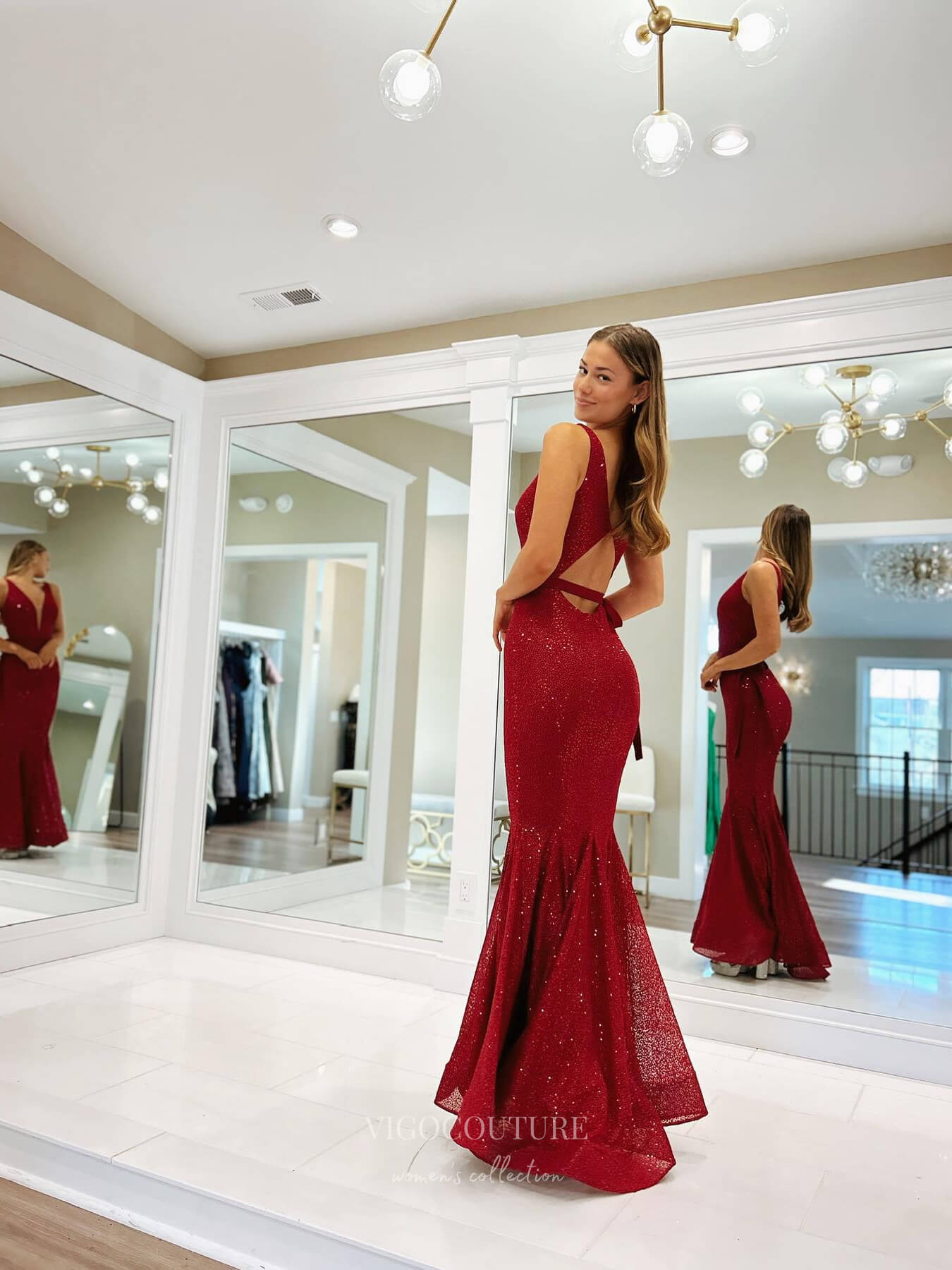 Prom Dress 2025 Burgundy Sequin Lace Mermaid Prom Dresses Plunging V-Neck Belt 24094-unique elegant Prom Dresses-Burgundy-Custom Size-vigocouture