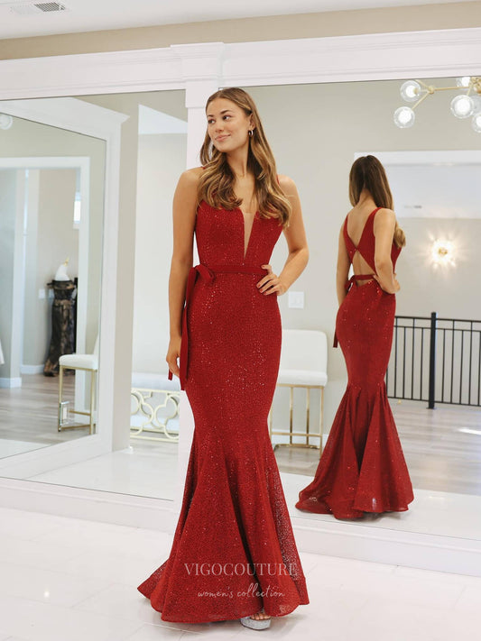 Prom Dress 2025 Burgundy Sequin Lace Mermaid Prom Dresses Plunging V-Neck Belt 24094-unique elegant Prom Dresses-Burgundy-Custom Size-vigocouture