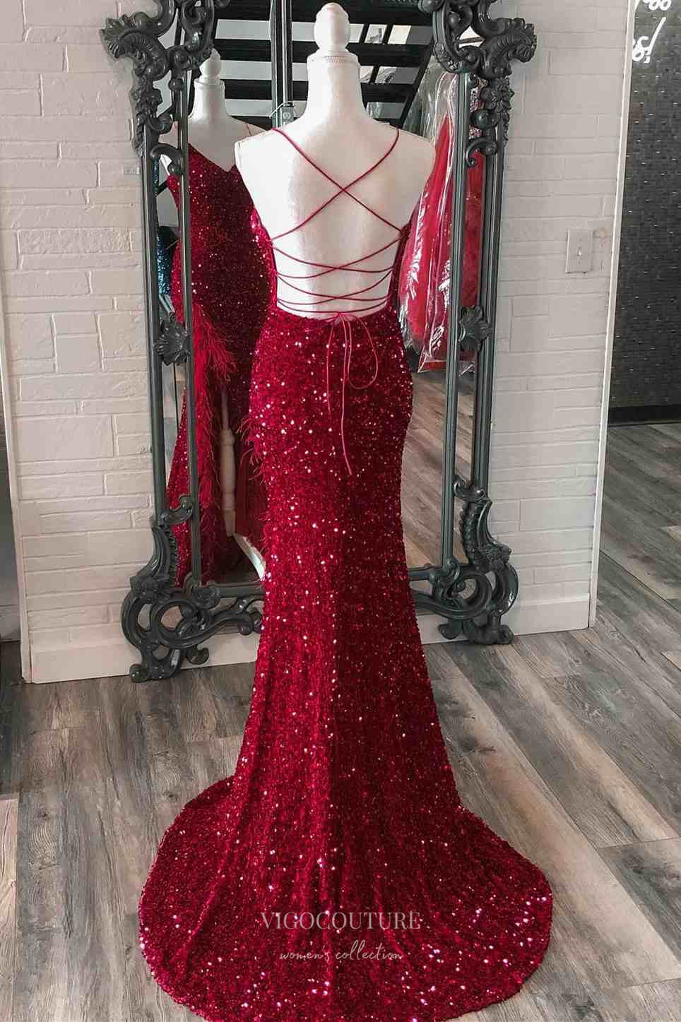 Prom Dress 2025 Burgundy Sequin Mermaid Cheap Prom Dresses with Feather Slit Spaghetti Strap 24243-unique elegant Prom Dresses-Burgundy-Custom Size-vigocouture