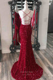 Prom Dress 2025 Burgundy Sequin Mermaid Cheap Prom Dresses with Feather Slit Spaghetti Strap 24243-unique elegant Prom Dresses-Burgundy-Custom Size-vigocouture