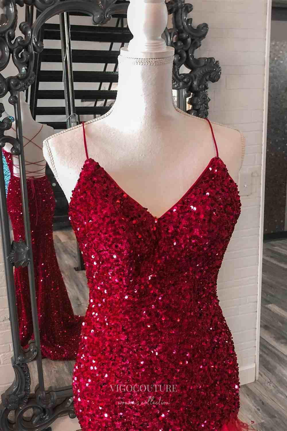 Prom Dress 2025 Burgundy Sequin Mermaid Cheap Prom Dresses with Feather Slit Spaghetti Strap 24243-unique elegant Prom Dresses-Burgundy-Custom Size-vigocouture