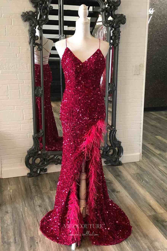 Prom Dress 2025 Burgundy Sequin Mermaid Cheap Prom Dresses with Feather Slit Spaghetti Strap 24243-unique elegant Prom Dresses-Burgundy-Custom Size-vigocouture