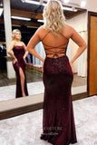 Prom Dress 2025 Burgundy Sequin Mermaid Prom Dresses with Slit Spaghetti Strap Evening Dress 21956-unique elegant Prom Dresses-Burgundy-US2-vigocouture