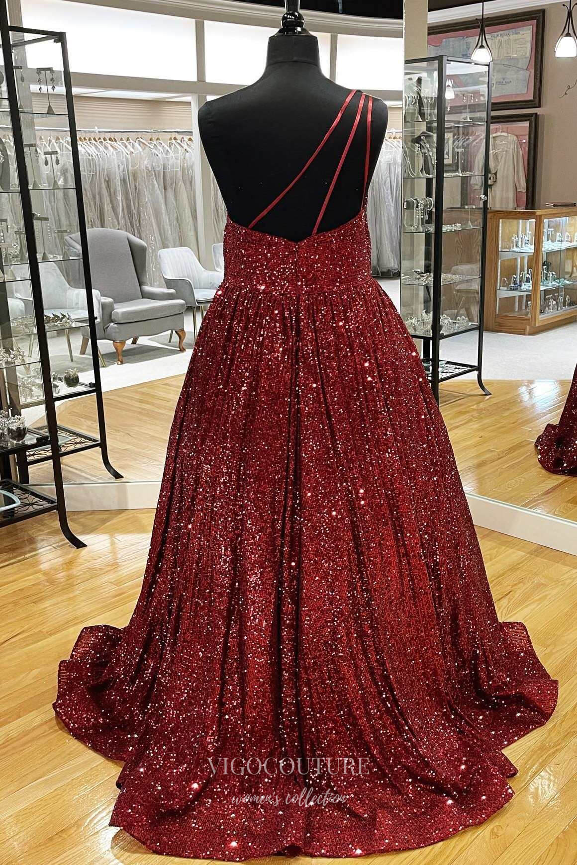 Prom Dress 2025 Burgundy Sequin Prom Dresses One Shoulder Evening Dress 21898-unique elegant Prom Dresses-Burgundy-US2-vigocouture