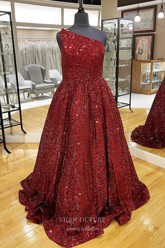 Prom Dress 2025 Burgundy Sequin Prom Dresses One Shoulder Evening Dress 21898-unique elegant Prom Dresses-Burgundy-US2-vigocouture