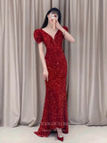 Prom Dress 2025 Burgundy Sequin Prom Dresses Puffed Sleeve Mermaid Formal Dresses 21042-unique elegant Prom Dresses-Burgundy-Custom Size-vigocouture