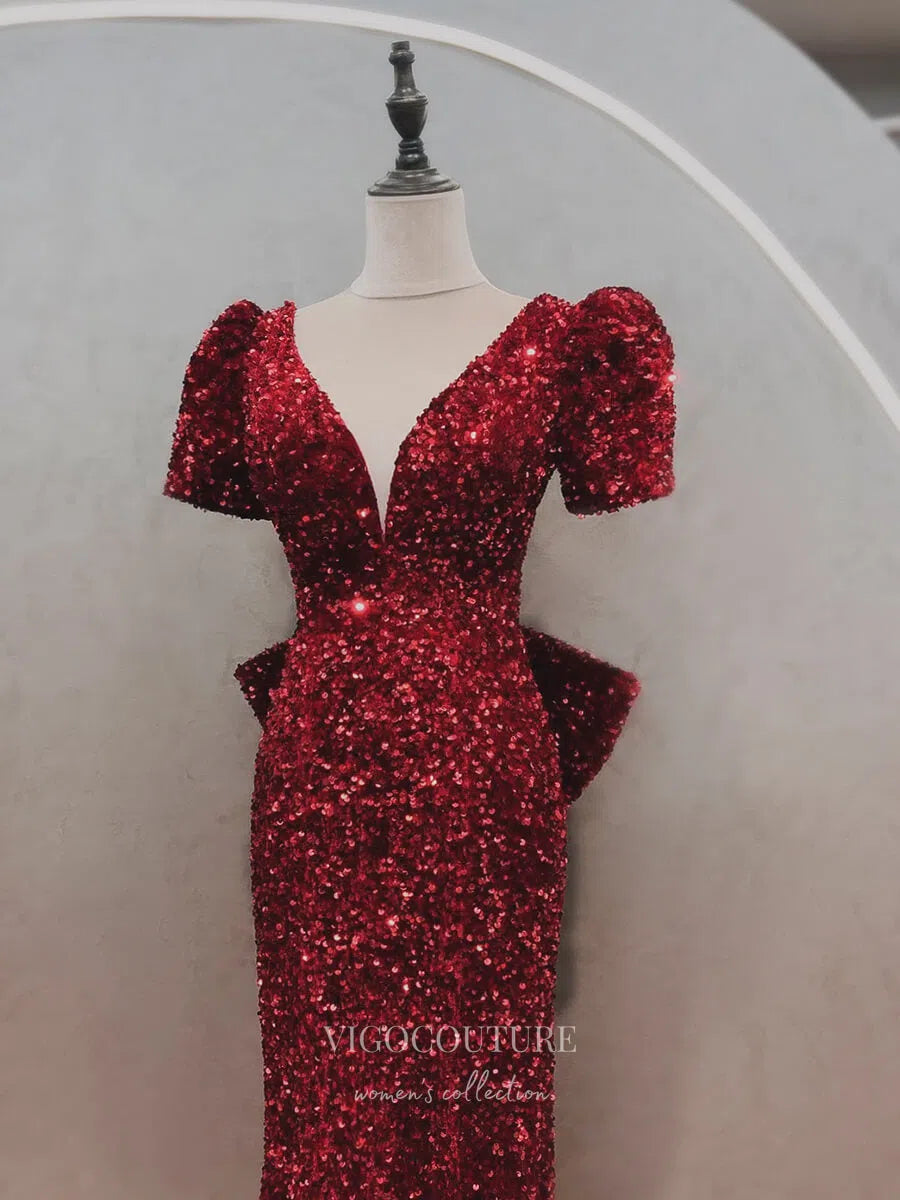 Prom Dress 2025 Burgundy Sequin Prom Dresses Puffed Sleeve Mermaid Formal Dresses 21042-unique elegant Prom Dresses-Burgundy-Custom Size-vigocouture