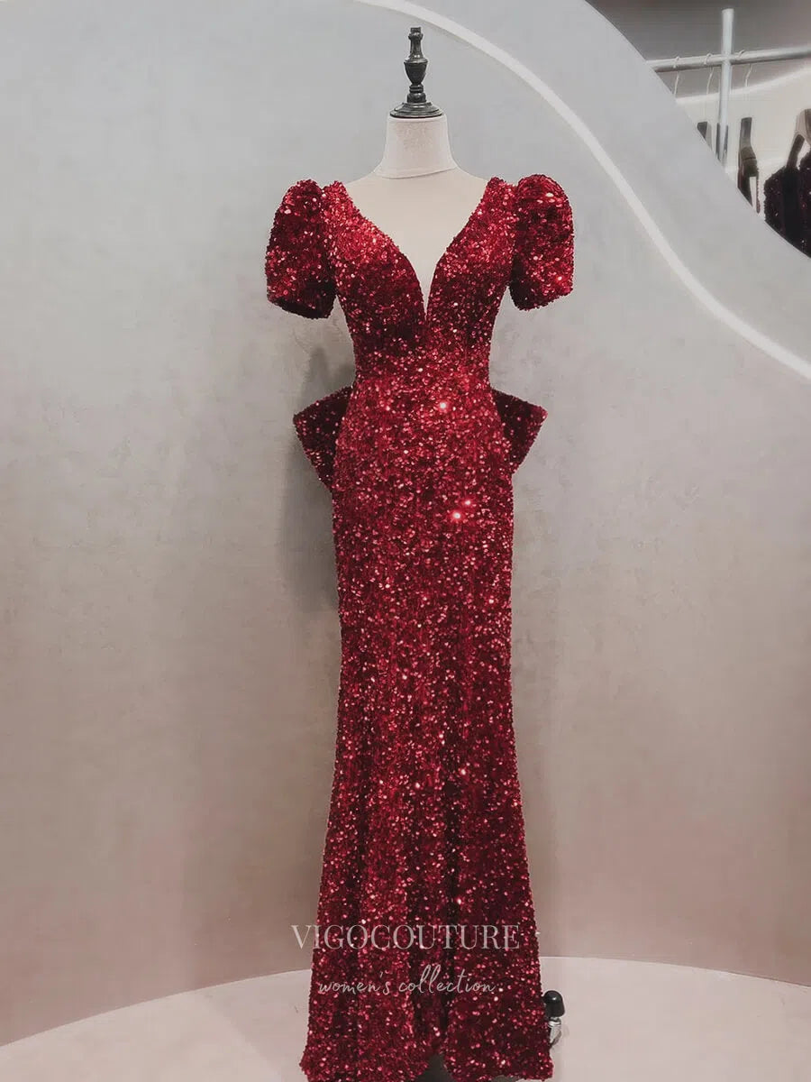 Prom Dress 2025 Burgundy Sequin Prom Dresses Puffed Sleeve Mermaid Formal Dresses 21042-unique elegant Prom Dresses-Burgundy-Custom Size-vigocouture