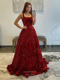 Prom Dress 2025 Burgundy Sequin Prom Dresses with Pockets Wide Straps Formal Dress 24005-unique elegant Prom Dresses-Burgundy-Custom Size-vigocouture