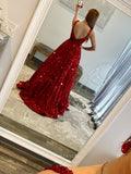 Prom Dress 2025 Burgundy Sequin Prom Dresses with Pockets Wide Straps Formal Dress 24005-unique elegant Prom Dresses-Burgundy-Custom Size-vigocouture